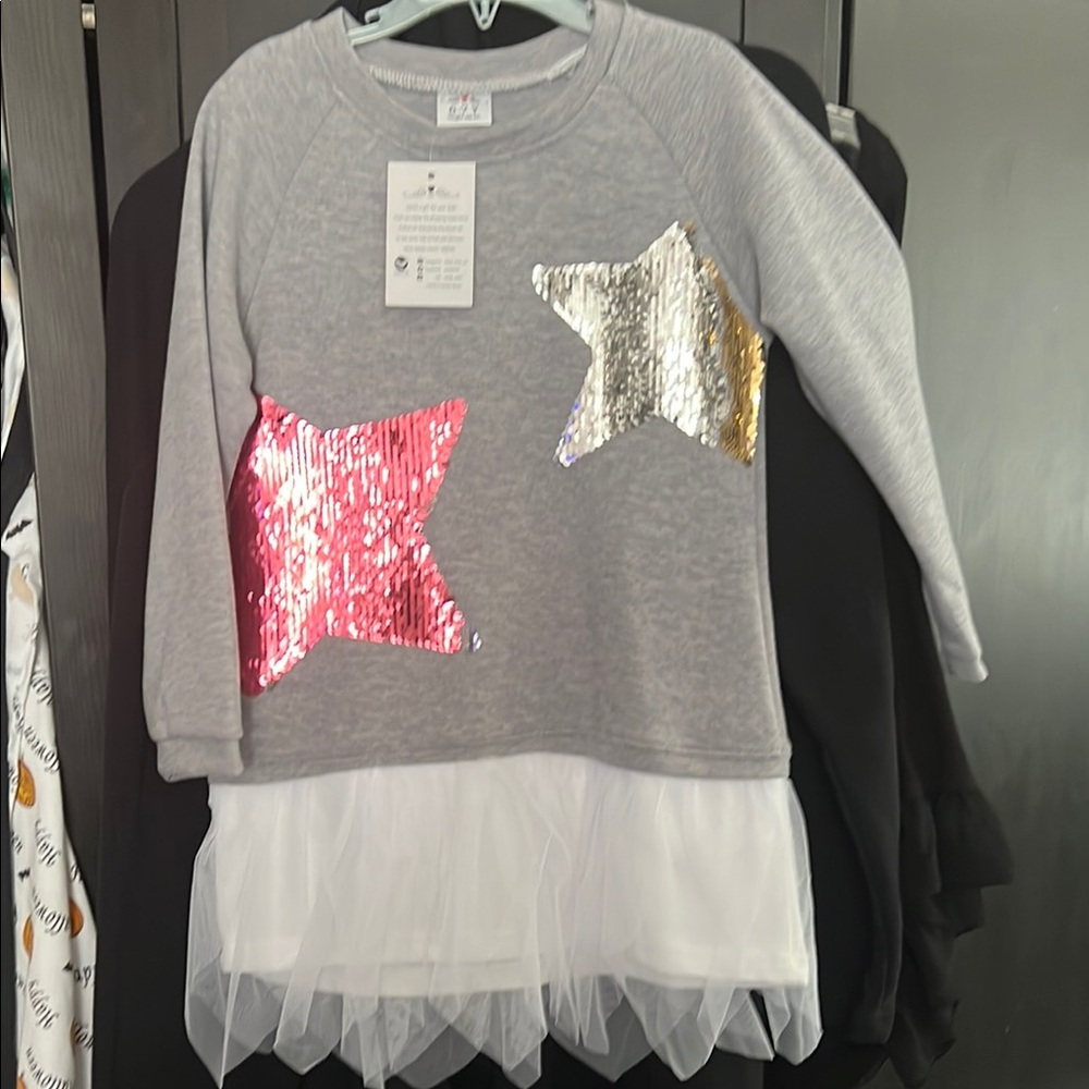 Gray and Pink Star shirt with Tulle Ruffle